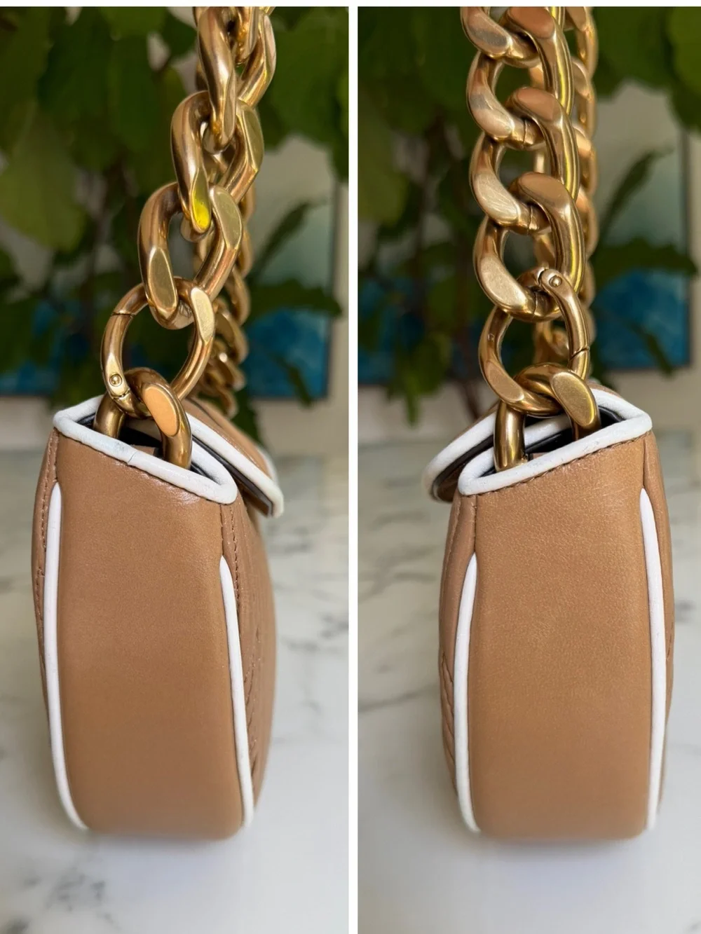 Tory Burch Fleming Soft Pleated Mini Crescent Bag Dusty Almond Leather w/ Chain